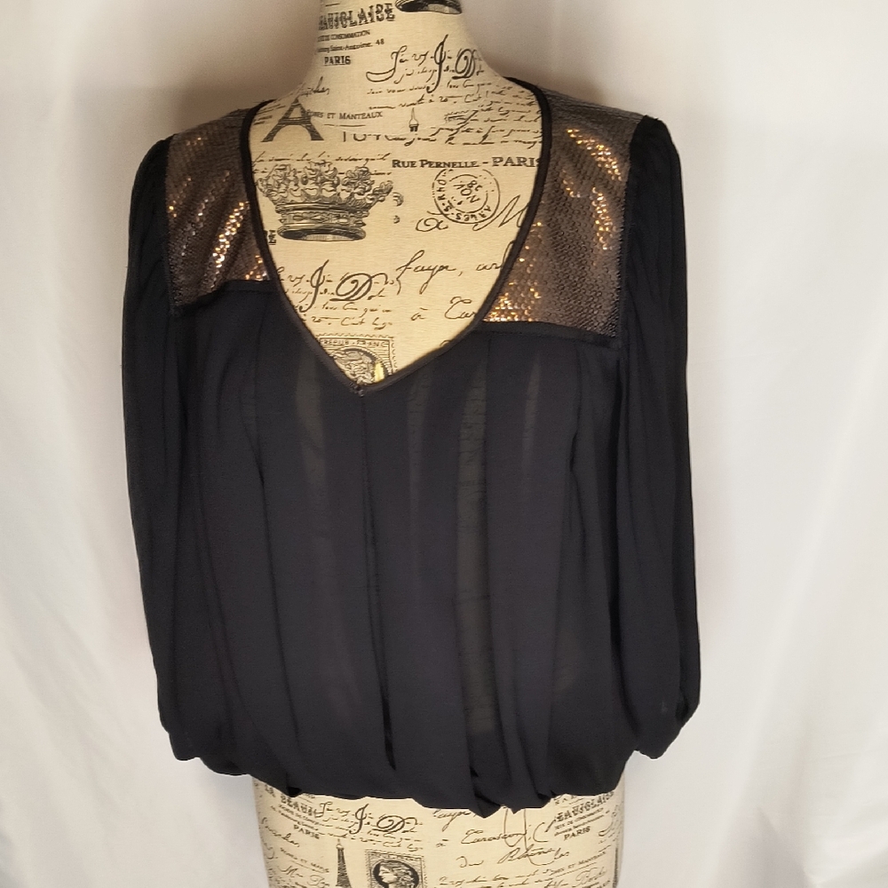 Sophie Max Black Blouse with Gold Sequin Shoulders